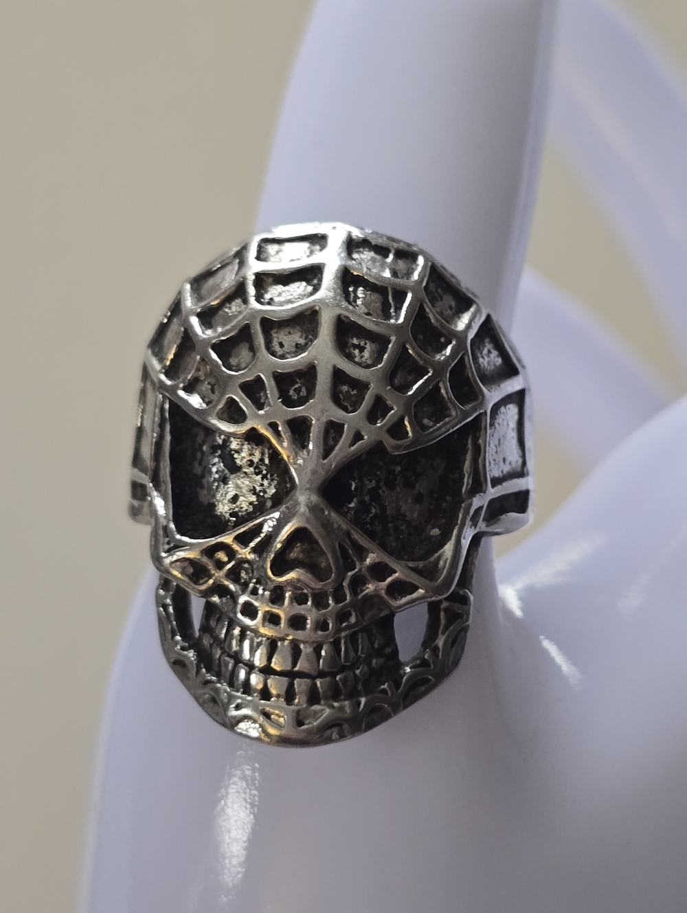 Men's Silver Skull Web Ring - Gothic Statement Jewelry Size 11